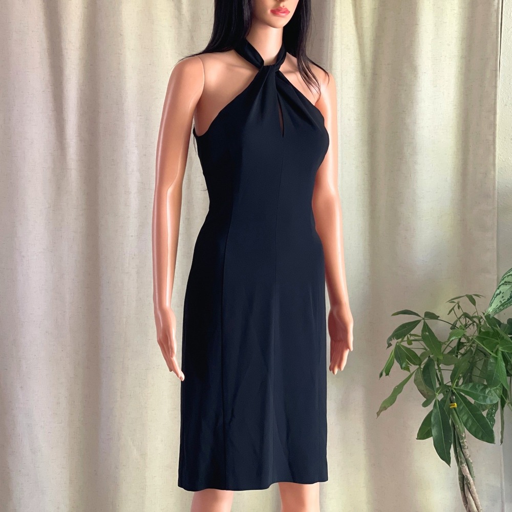 BCBGMAXAZRIA Black Halter Twist Keyhole Sheath Dress LBD Minimalist Size 4